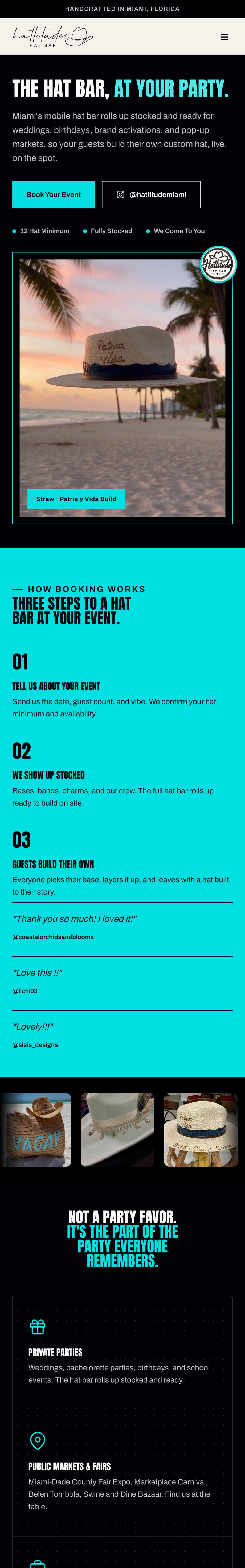 The Hattitude Hat Bar homepage on a phone: a Book Your Event button, the three booking steps, customer quotes, and the private party and public market event types.